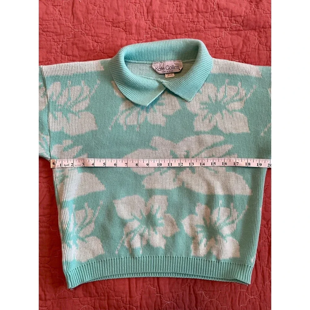 Vintage 90s Kate Collins Aqua Floral Pullover Sweater Tropical Pastel Sz Med